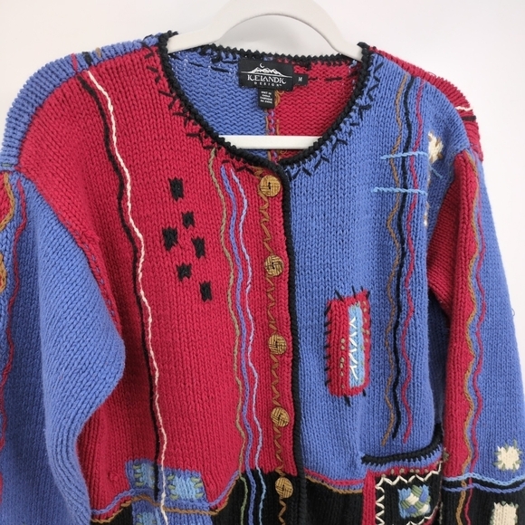 Icelandic Design Knit Cotton Cardigan Sweater Eclectic Patchwork Colorful Medium - Picture 3 of 7
